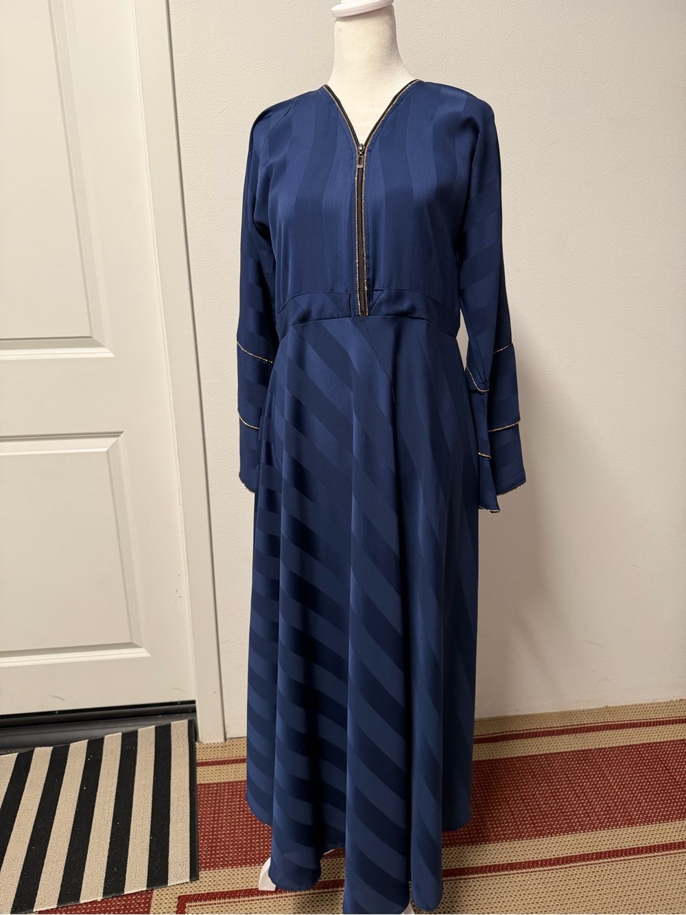 Navy Blue Modest Maxi Abaya Dress Gold Trim Size M